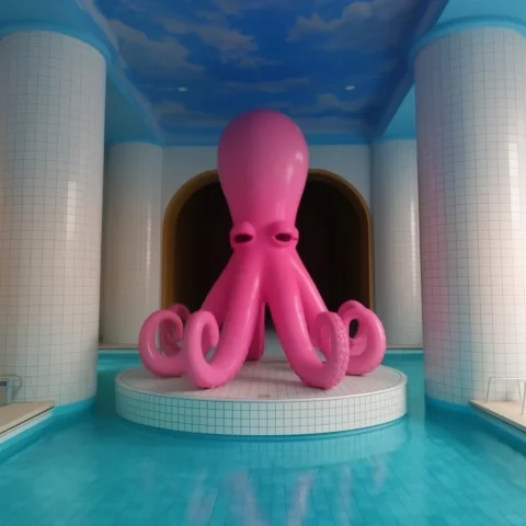 Dpstyle, A Big Pink Octopus Sculpture Standing On A Round Ti... — Stable Diffusion AI Prompt: dpstyle, a big pink octopus sculpture standing on a round tiled platform in the...