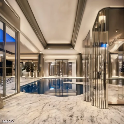 Indopo, Interior, Pool, Indoor Pool. Modernist Luxury Interi... — Stable Diffusion AI Prompt: InDoPo, interior, pool, Indoor pool. Modernist luxury interior. Marble floor.