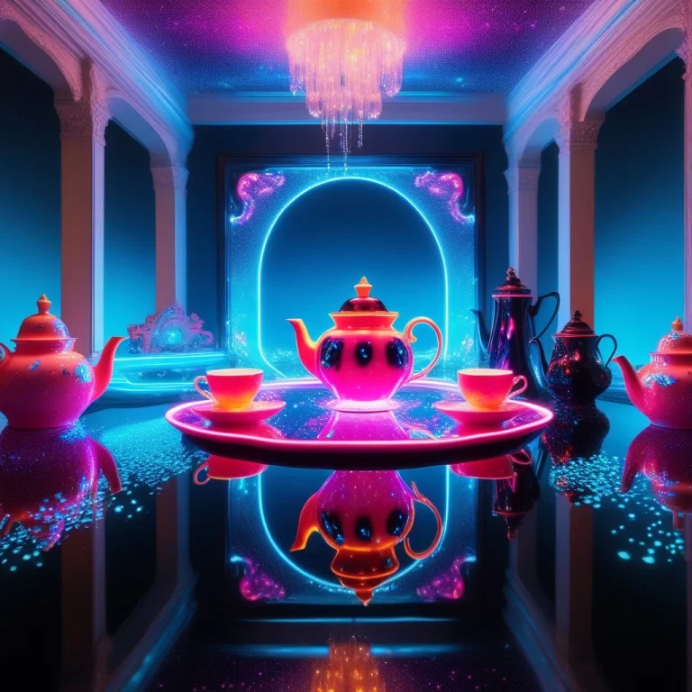 A Victorian Tea Party In A Dark Void, Liquid Neon Light Pour...