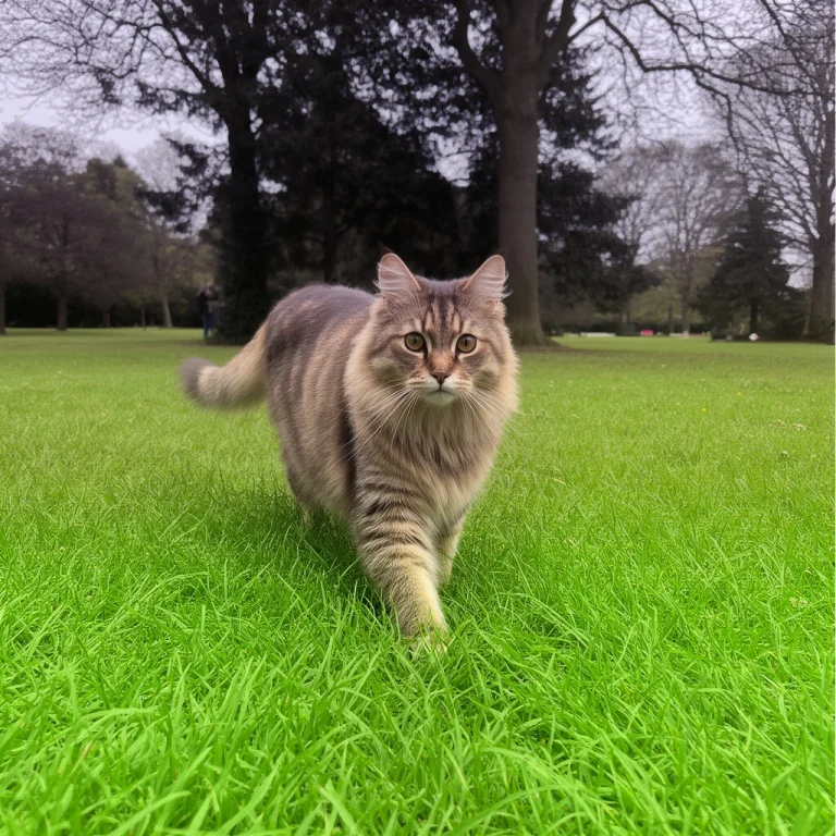 Fluxcat, A Cat Walking Through Green Grass In A Quiet Park,...