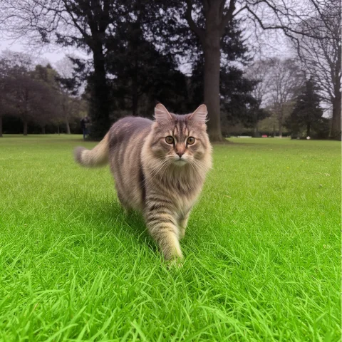 Fluxcat, A Cat Walking Through Green Grass In A Quiet Park,... — Stable Diffusion AI Prompt: fluxcat, a cat walking through green grass in a quiet park, looking slightly tow...