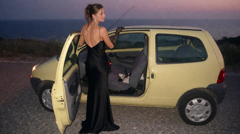 Tw1car A Woman In A Floor-length Black Satin Evening Gown St...