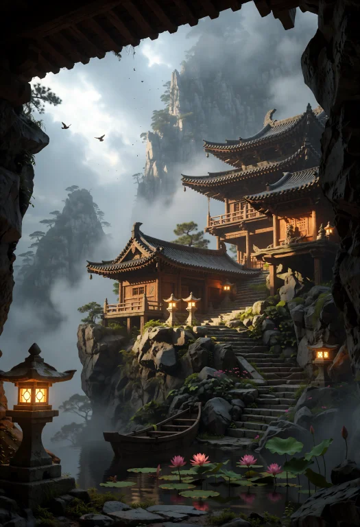 Framed By A Dark Rocky Overhang, An Ancient East Asian Monas...