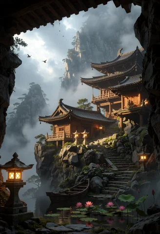Framed By A Dark Rocky Overhang, An Ancient East Asian Monas... — Stable Diffusion AI Prompt: Framed by a dark rocky overhang, an ancient East Asian monastery clings to a tow...