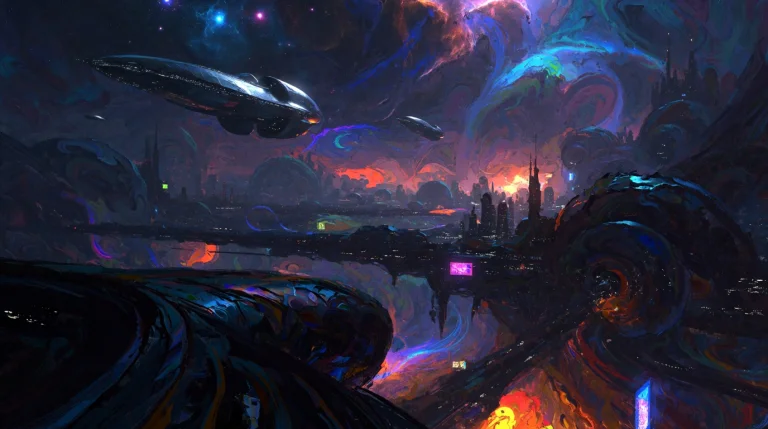 A Futuristic Cityscape Bathed In The Deep, Moody Hues Of A N...