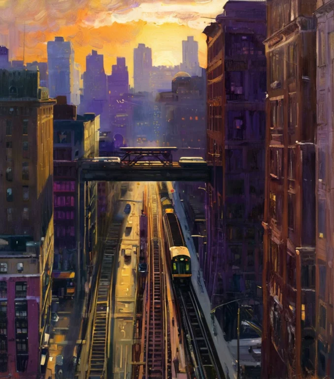 Oil Painting Depicts An Urban Landscape At Dusk, With Aerial...