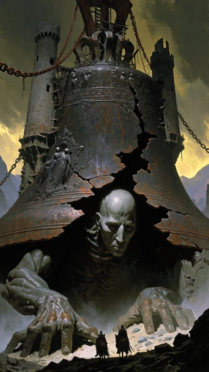Low-angle, Wide Shot Frames A Colossal Cracked Iron Bell Dom...