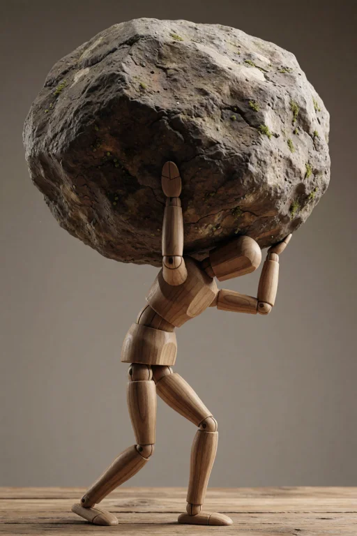 Sentence 1 A Wooden Mannequin Carries A Massive, Cracked Bou...