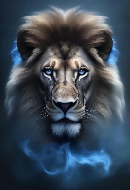 High Quality, Detailed, A Lion With A Mane Of Slow Blue Flam...