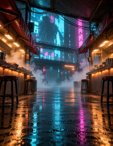 Cyb3r Qu4rt13r, Photorealistic, Main Neon Alley From Ankle H... — Stable Diffusion AI Prompt: cyb3r qu4rt13r, photorealistic, main neon alley from ankle height between two cl...