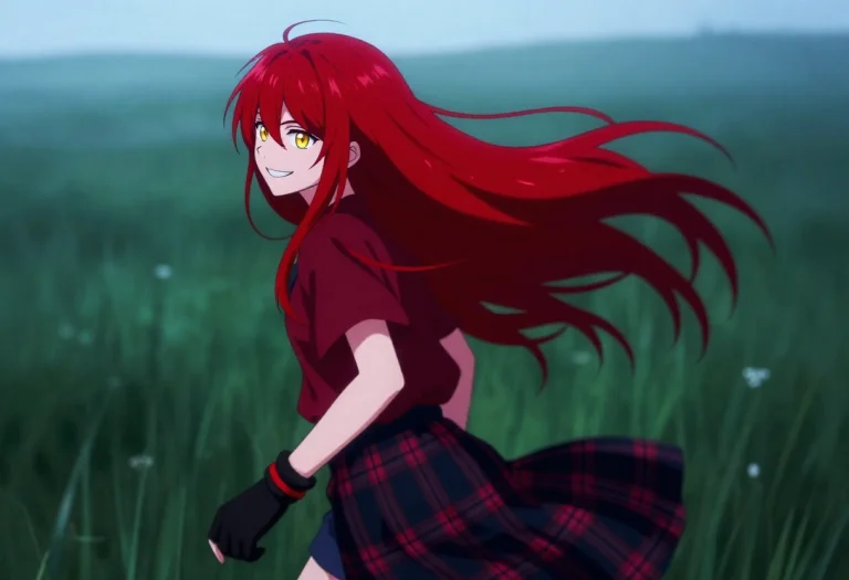 1boy, Solo, Very Long Hair, Red Hair, Golden Eyes, Plaid Ski...