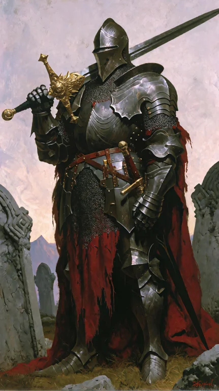 A Armored Knight Standing In A Cemetary Carrying An Ornate G...
