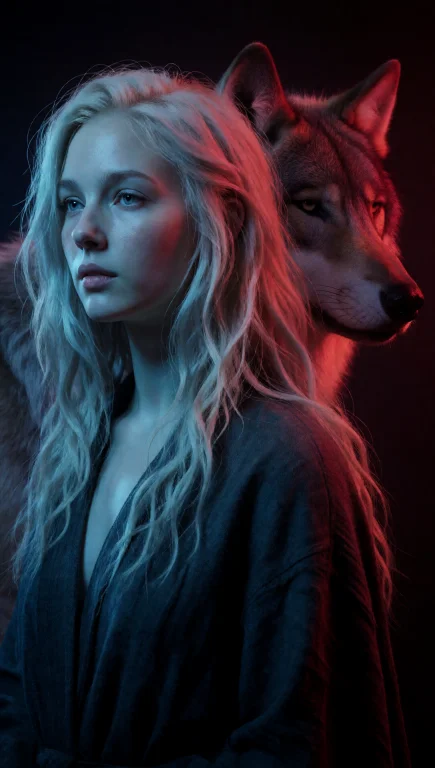 A Photorealistic Portrait Of A Young Woman And A Wolf In Pro...