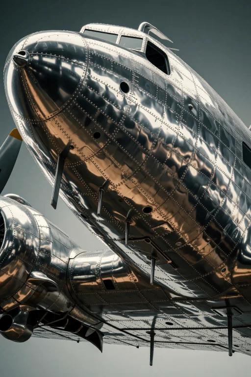 The Polished Aluminum Fuselage Of A Vintage Aircraft Hangs S...