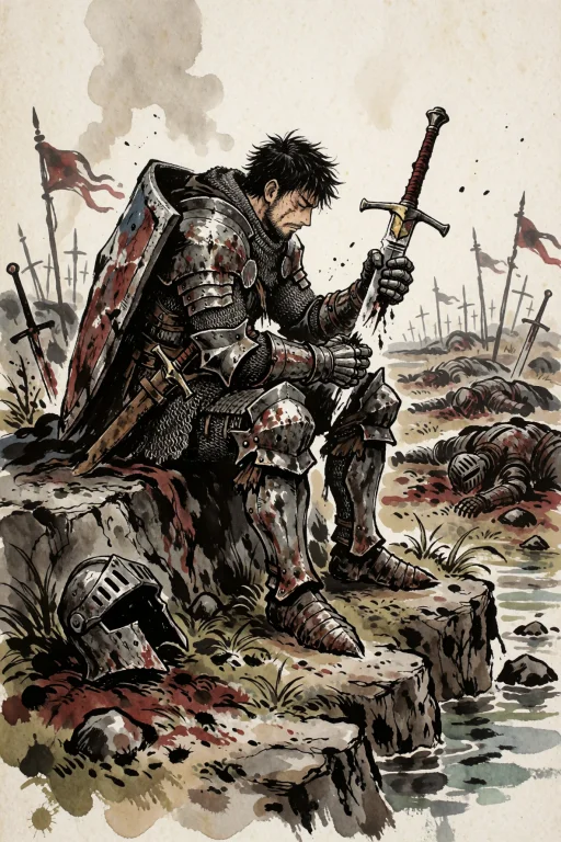 Knight Sitting On A Rock At The Edge Of A Battlefield, Holdi...
