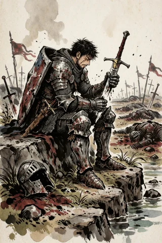 Knight Sitting On A Rock At The Edge Of A Battlefield, Holdi... — Stable Diffusion AI Prompt: knight sitting on a rock at the edge of a battlefield, holding the broken blade...
