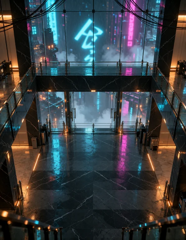 Cyb3r Qu4rt13r, Corporate Lobby From A Black-glass Mezzanine...