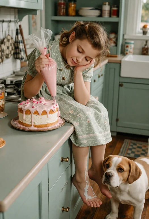 Fast Asleep On Her Feet Mid-frosting, Cheek In Her Palm And...