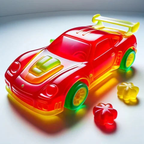A Sleek Modern Sports Car Made Of Gummy Candy, Gummymorph, T... — SDXL AI Prompt: a sleek modern sports car made of gummy candy, gummymorph, translucent neon red...