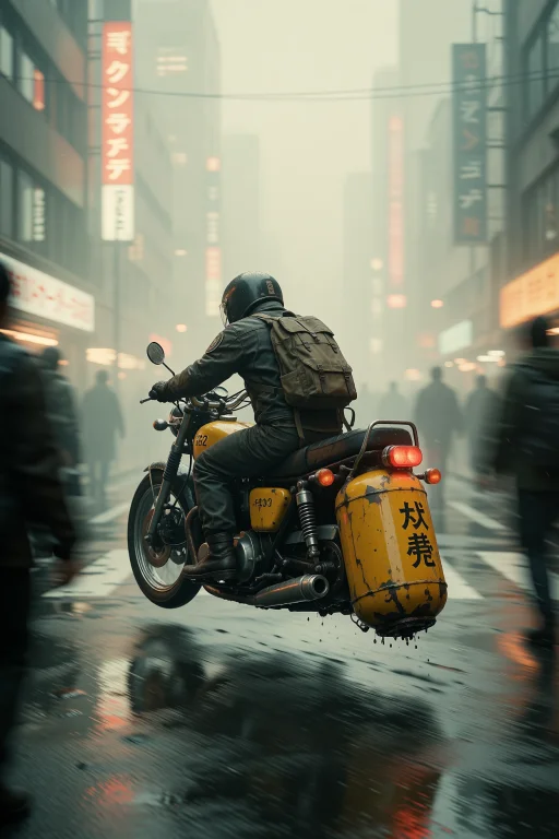 A Lone Rider Leans Forward On A Motorcycle Whose Rear Half H...