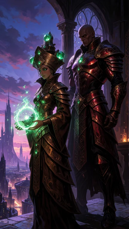The Oracle And The Iron Guardian. An Epic Fantasy Scene. Two...