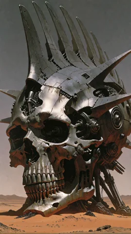 A Massive, Weathered Metallic Structure Shaped Like A Coloss... — Stable Diffusion AI Prompt: A massive, weathered metallic structure shaped like a colossal, multi-spiked sku...