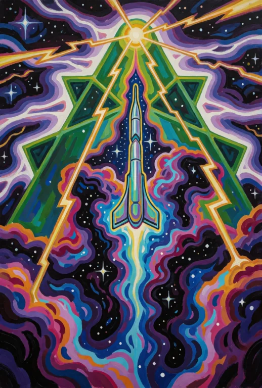 Painting Of A Cosmic Ascent, Rendered In Vibrant, Surreal Hu...