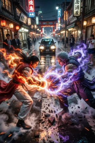 低位仰拍广角镜头，模拟街机框体视角，强景深压缩，画面中心聚焦... — Stable Diffusion AI Prompt: 低位仰拍广角镜头，模拟街机框体视角，强景深压缩，画面中心聚焦于两位男性格斗家前臂...