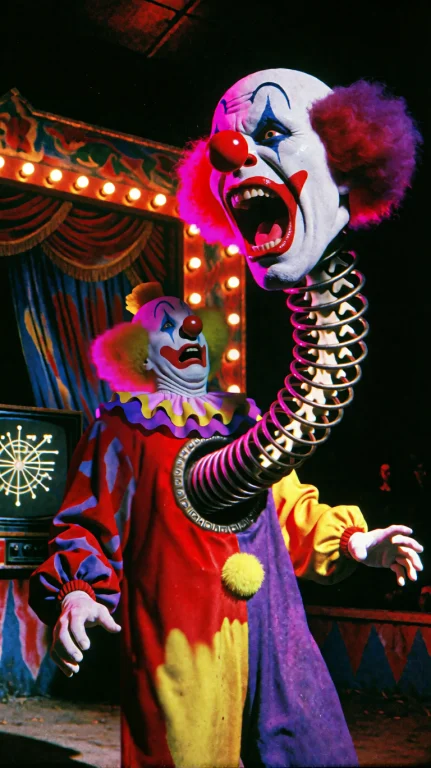 Low Angle Medium Shot Inside A Dark Circus Theater, A Fright...