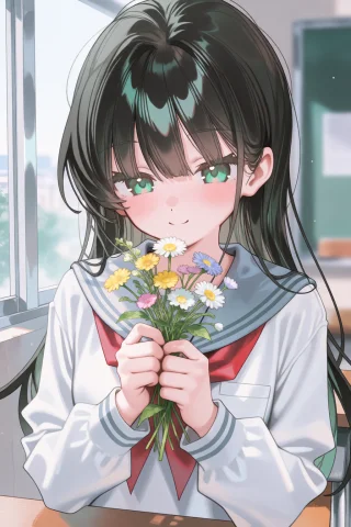 Styletrigger, A Medium Close-up Of An Anime Girl With Long B... — Stable Diffusion AI Prompt: [style_trigger], A medium close-up of an anime girl with long black hair and gre...