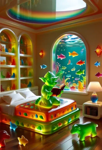 Murano Gummy Glass Yoda, Lying Down Gummy In Bed, Under Tran... — SDXL AI Prompt: murano gummy glass yoda, lying down gummy in bed, under transparent glass blanke...