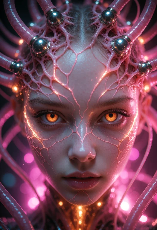 Fair Skin, Glowing Orange Eyes, Intricate Pink Vein-like Cra...
