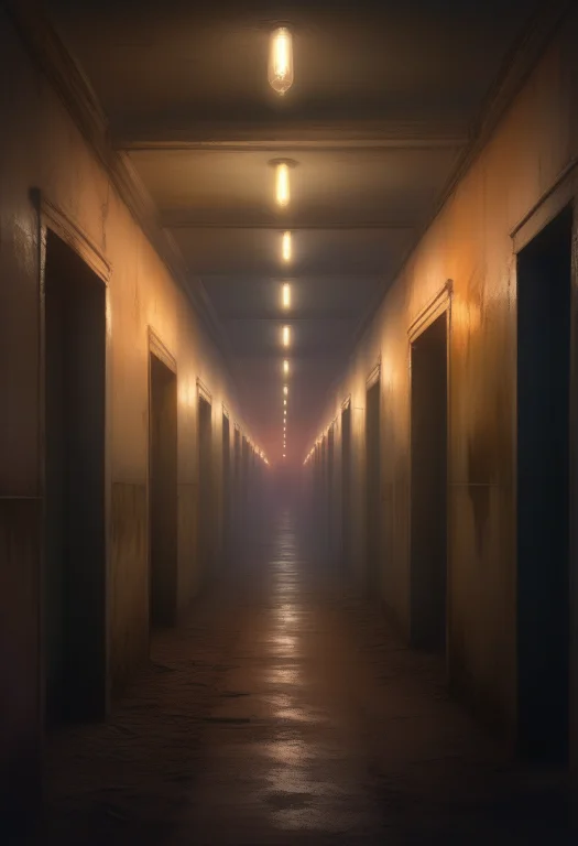 A Derelict Asylum Corridor Lit By One Flickering Bulb, Plein...