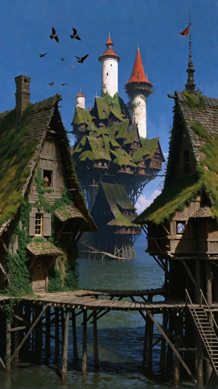Wide Shot, Eye-level View Of A Fantastical Village Built On...