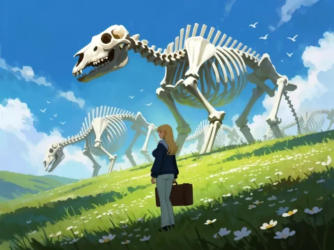 Woman With Suitcase Standing In Field Looking At Giant Dinos... — Stable Diffusion AI Prompt: 🦴 woman with suitcase standing in field looking at giant dinosaur skeletons blu...