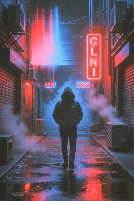 A Narrow Cyberpunk Alley At Night, Glowing With Neon Signs I...
