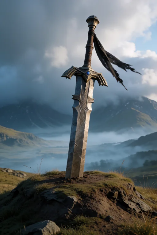 A Massive Ancient Greatsword Embedded In Earth Atop A Grassy...