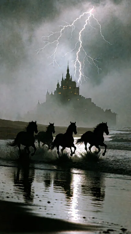 Wide Shot, Low Angle, Four Horses Galloping Through Shallow...