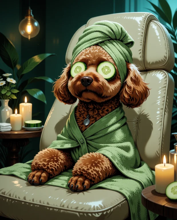 A Cinematic Image Of A Luxurious Pet Spa. A Super Cute Brown...