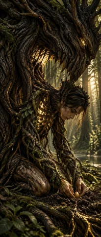 A Grounded, Intricate Illustration Of A Tiny Human Figure Kn... — Stable Diffusion AI Prompt: A grounded, intricate illustration of a tiny human figure kneeling, delicately p...