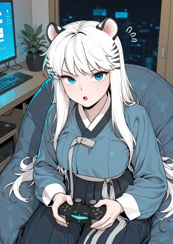 1girl, Solo, Looking At Viewer, Holding A Gaming Controller... — Stable Diffusion AI Prompt: "1girl, solo, Looking at viewer, holding a gaming controller up, sitting on a be...