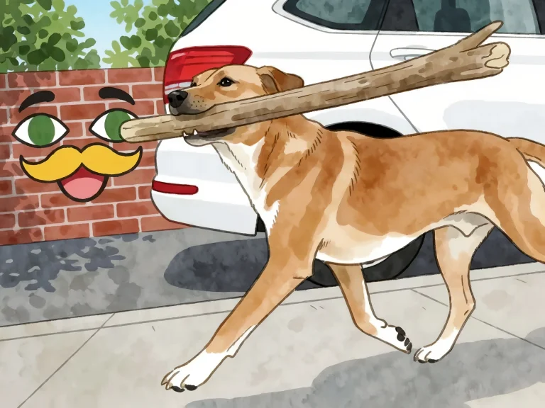 Dog Carrying Large Stick Walking Past Brick Wall With Painte...