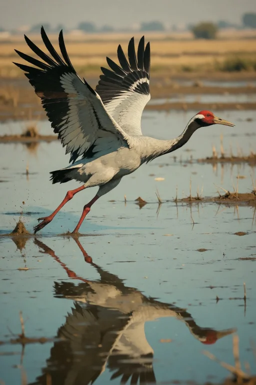 Nature, A Sarus Crane Running Into Takeoff Across A Flooded...