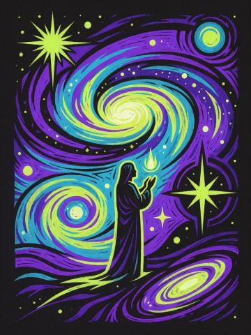 A Linocut Print Depicting A Celestial Ritual, Where A Simpli... — Stable Diffusion AI Prompt: A linocut print depicting a celestial ritual, where a simplified human figure st...