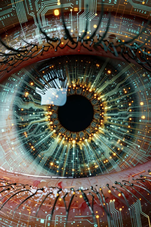 A Human Eye Composed Of Glowing Circuit Traces And Digital G...