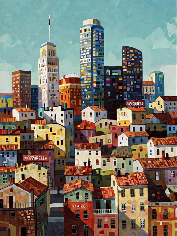 Bradhamel Art Style. A Vibrant, Densely Packed Cityscape Ren...