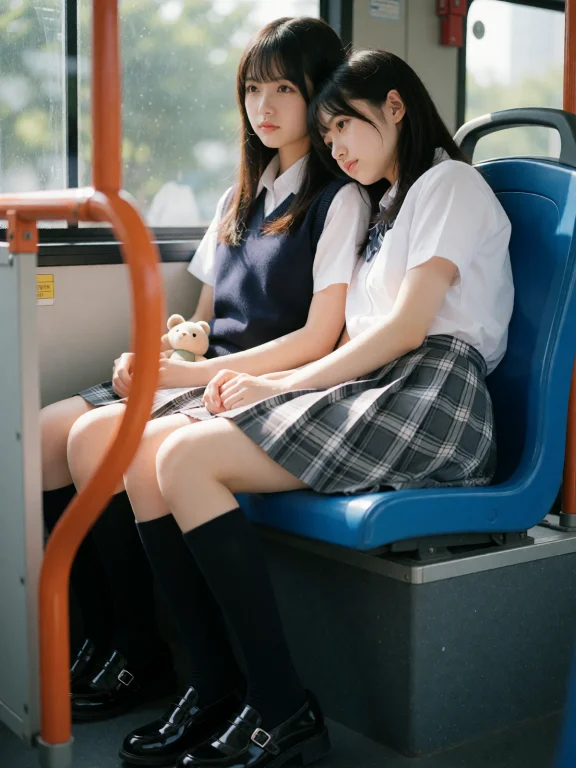 Inside A Sun-drenched Public Bus, Rear Seat, Two Young Asian...