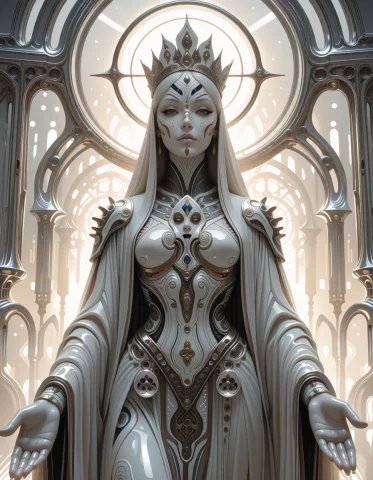 An Otherworldly Adult Female Cyber-goddess With Porcelain-wh... — Stable Diffusion AI Prompt: an otherworldly adult female cyber-goddess with porcelain-white skin, with porce...