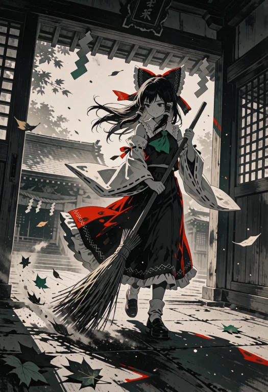 , Hakurei Reimu Sweeps The Stone Path Inside The Inner Court...