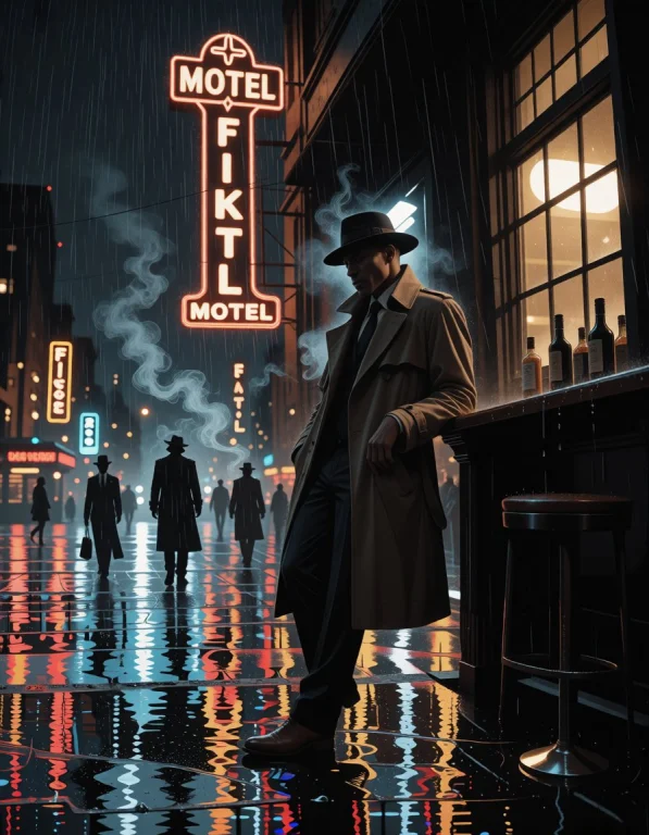 A Trench-coated Detective Under Rain Outside A Flickering Mo...